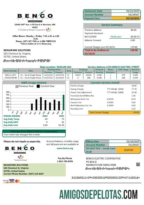 em branco EUA Minnesota Benco Elecric Electricity Modelo de conta de serviços públicos fácil de preencher em formatos Word e PDF